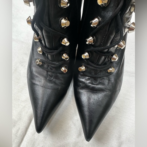 Balenciaga Black Leather Pointed Toe Studded Lace Up Ankle Boots Size 36 - Picture 7 of 8